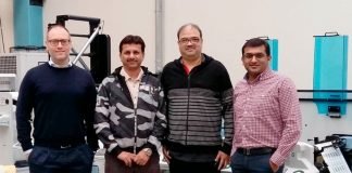 R-L: Tejas Tanna, director, Printmann, Nitin Pathak, head of Operations, Printmann, Mohan Paliwan, general manager, Vinsak and Massimo Lombardi, director, Lombardi Converting Machinery with the newly installed press at Printmann facility in Mumbai.