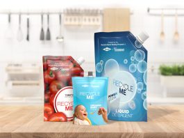 Spouted pouches made of mono-material films by Dow and Menshen.