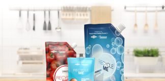 Spouted pouches made of mono-material films by Dow and Menshen.