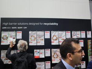 Bobst reveals new Vision CI flexo press and sustainable laminates 2 Display of high barrier solutions at Bobst's stand at K. Photo PSA