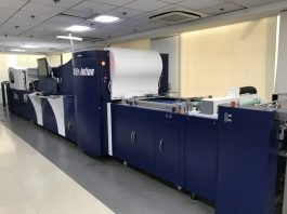 The 29-inch MGI JetVarnish displayed at the Konica Minolta demo center in Gurugram. Photo PSA