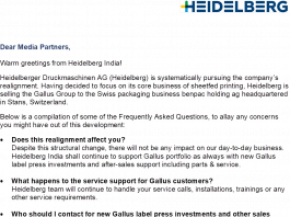 Letter from Heidelberg India president Samir Patkar