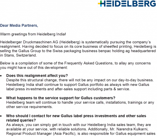 Letter from Heidelberg India president Samir Patkar