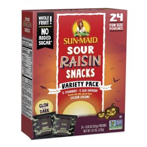 Festival packaging in the Corona times 1 Sun-Maid’s limited-edition glow-in-the-dark packaging for its Sour Raisin Snacks and yogurt-covered raisins. Photo – Walmart