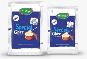 Festival packaging in the Corona times 3 Heritage Foods’ pure ghee sachets available at a price of Rs 10 and Rs 20. Photo – Heritage Foods