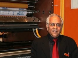 VK Dhir at the Printpack 2011 exhibition at Pragati Maidan with the Perfect Rotary 4-Hi tower press unit. Photo IPP