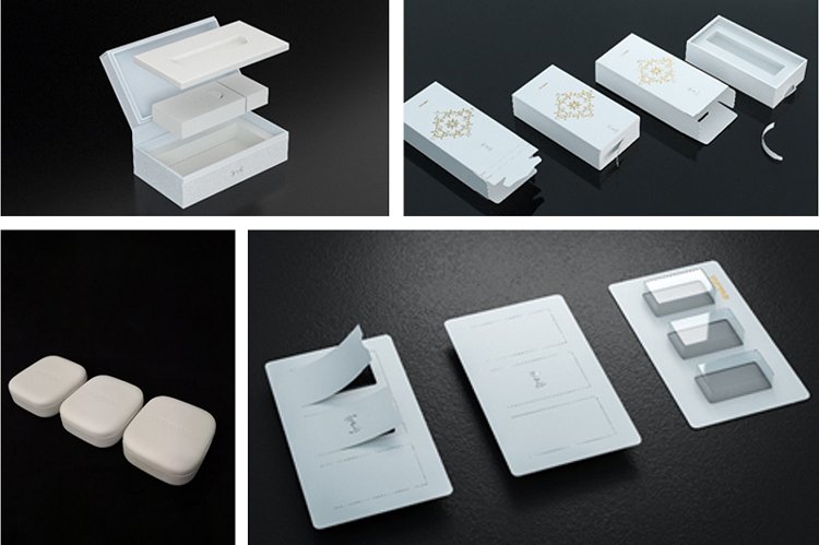 Toppan has devised four concept types of packaging with built-in NFC functionality. Clockwise from top left, one-piece tuck top box type, straight tuck box type, blister card type, and molded pulp type Images Toppan Printing