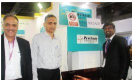 L-R: Datta Deshpande, chairman, Sanjay Dandekar, MD and Yogeshwar Kumawat, marketing manager of Pratham Technologies, with the Supersort inspection machine. Photo PSA