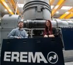 Erema enters a new dimension with large-scale recycling plants L-R Patrick Rachinger, product group manager, and Sophie Pachner, R&D Engineer posing with the reactor at Erema Photo: Erema