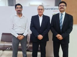 L-R Rahul Chitkara CFO, Neeraj Dargan managing director and Peter Rego director Business Development Manroland Sheetfed India Photo Manroland Sheetfed India