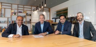 L to R – Nish Patel, president of the Food & Water Division at Alfa Laval, Calvin Grieder, chairman of Bühler Group & BenLink, Imran Rashid, president of BU Food Heat Transfer at Alfa Laval, and Riccardo Semadeni, CEO of BenLink Photo BenLink/Bühler