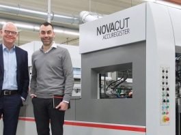 Höhn Display + Packaging Operations manager Markus Laepple (right) and Hans Dreistein (Bobst Meerbusch) with the Bobst Novacut 106 ER flat-bed die-cutter with the new Accuregister’ contactless’ sheet-feeding