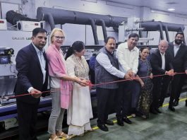 With the Gallus Labelmaster at Pinnacle Traxim L-R Narendra Kulkarni, Karin Ferdinand Rueesch, Sunita Gulati, Lalit Gulati, Surendra Juneja, Madhu Juneja, Ferdinand Rueesch, Sandeep Juneja, Samir Patkar, and Harish Gogia Photo Heidelberg India