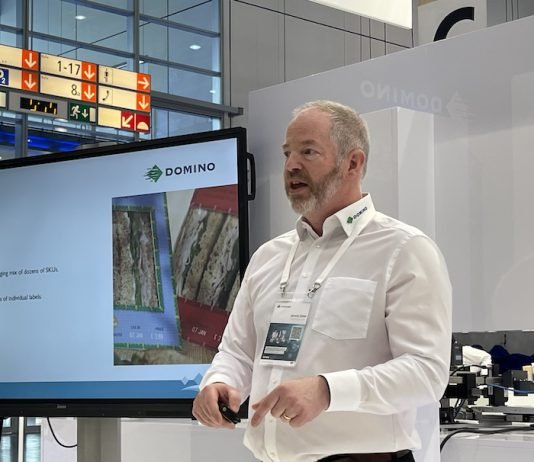 Jeremy Jones Global Marketing director of Domino speaking at the company's Interpack stand Photo Packaging South Asia