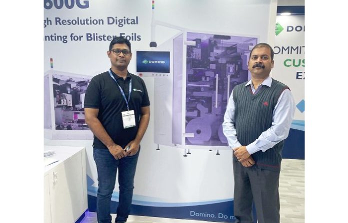 Ajay Rao Rane (Right), vice president – digital printing business at Domino Printech India at the company’s booth at CPHI PMEC India 2023. Photo PSA Domino Printech India