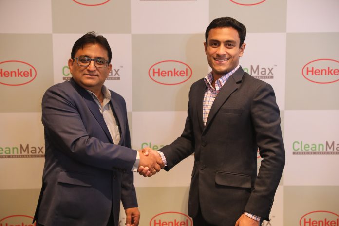 Bappa Bandyopadhyay India Head Operations & Projects - Henkel Adhesive Technologies & Akshai Raja Head Business Development (West India) CleanMax shaking hands Henkel