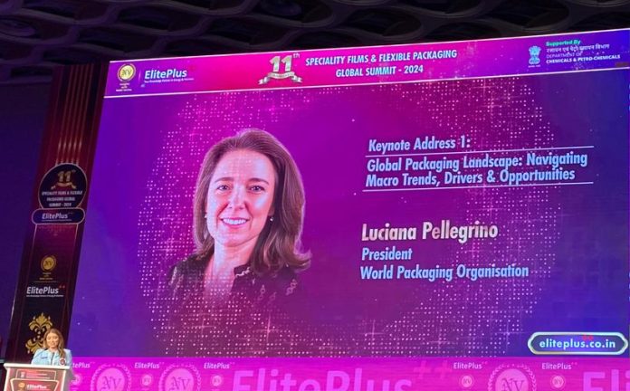 Luciana Pellegrino-HJA Luciana Pellegrino, president of the World Packaging Organization making the keynote presentation at the 11th Elite Conference on Specialty Films and Flexible Packaging in Mumbai on 30 September 2024 Photo HyeJeong Ahn