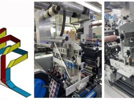 Schematic web path – the separated narrower webs are routed on top of each other to form the multilayer label using two web shift devices. (Source: Printum Sondermaschinen- und Anlagenbau (left image) and Gallus Ferd. Rüesch AG).
