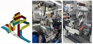 Schematic web path – the separated narrower webs are routed on top of each other to form the multilayer label using two web shift devices. (Source: Printum Sondermaschinen- und Anlagenbau (left image) and Gallus Ferd. Rüesch AG).