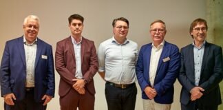 L –R: Mike Rottenborn, CEO of Hybrid Software; Dries Maerten, co-founder of Conics; Frederic Vandelanotte, co-founder of Conics; Guido Van der Schueren, executive chairman of Hybrid Software; and Patrick Coussement, CTO of Hybrid software Photo Nessan Cleary