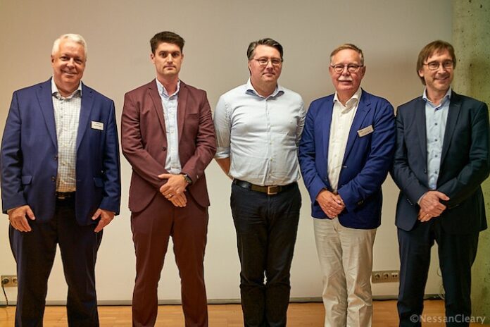 Label Expo 2025 L –R: Mike Rottenborn, CEO of Hybrid Software; Dries Maerten, co-founder of Conics; Frederic Vandelanotte, co-founder of Conics; Guido Van der Schueren, executive chairman of Hybrid Software; and Patrick Coussement, CTO of Hybrid software Photo Nessan Cleary