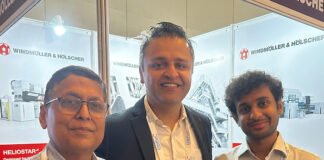LtoR: Praveen Bansal, Super Plastic, Anuj Sahni W&H, and Aryaman Bansal Super Plastic at the W&H stand at the Elite Specialty Conference on Films and Flexible Packaging September 2025 Photo PSA