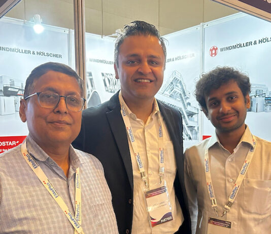 LtoR: Praveen Bansal, Super Plastic, Anuj Sahni W&H, and Aryaman Bansal Super Plastic at the W&H stand at the Elite Specialty Conference on Films and Flexible Packaging September 2025 Photo PSA