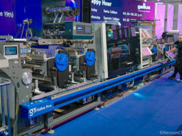 The new Gallus Five shown at Labelexpo Barcelona is a hybrid digital press built on a Labelmaster flexo chassis Photo Nessan Cleary