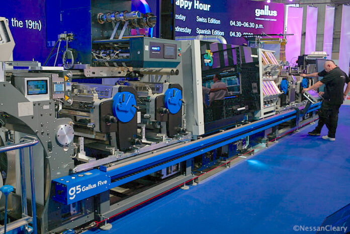 The new Gallus Five shown at Labelexpo Barcelona is a hybrid digital press built on a Labelmaster flexo chassis Photo Nessan Cleary
