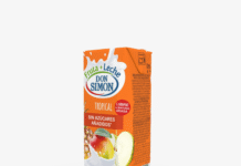The Tetra Pak Aseptic 200 ml Slim Leaf carton featuring a paper-based barrier for juice, under the flagship Don Simón brand.