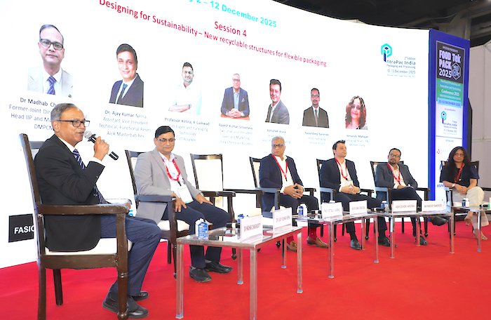 Design for Sustainability session at the FoodTekPack conference in December L to R Dr Madhab Chakraborty, Dr Ajay Nema, Rajesh Srivastav, Abhishek Arora, Nayandeep Banerjee, and HImanshi Mahajan 