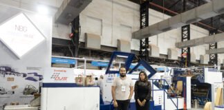 NBG sells ZNEP paper bag-making machine to Manesar’s DJS Printers at Pamex L to R: Samar Singh of DJS Printers with Bharti Aggarwal of NBG