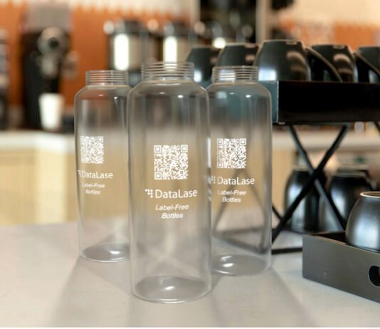 DataLase has introduced a white coating that can be sprayed onto plastic bottles on high–speed lines and then finely imaged using various lasers producing a high opacity white image on a clear background Image Data Lase