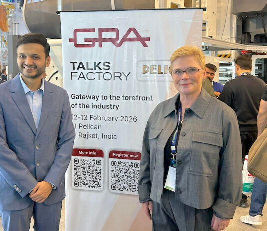 Pelican director Vasu and GRA secretary Stephanie Dhami at the Pelican stand in Hall 7 at PlastIndia 2026 Hall 7 Photo PSA