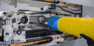 Flexcel Prime plate on a sleeve being inserted into the press Photo Miraclon