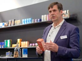 Felix Müller, CEO and general manager for Heidelberg Web Carton speaking at Interpack 2026 Photo Nessan Cleary