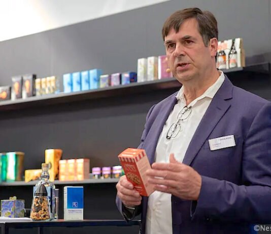 Felix Müller, CEO and general manager for Heidelberg Web Carton speaking at Interpack 2026 Photo Nessan Cleary