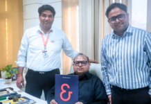 (L-R) Shiv Singh Chauhan, vice president of Keshoram Manufacturing, and Vikas Goyal, managing director of Keshoram Manufacturing, alongside Shashank Surana, executive director of Indo Polygraph Machinery, at the contract signing