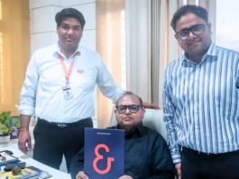 (L-R) Shiv Singh Chauhan, vice president of Keshoram Manufacturing, and Vikas Goyal, managing director of Keshoram Manufacturing, alongside Shashank Surana, executive director of Indo Polygraph Machinery, at the contract signing