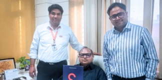 (L-R) Shiv Singh Chauhan, vice president of Keshoram Manufacturing, and Vikas Goyal, managing director of Keshoram Manufacturing, alongside Shashank Surana, executive director of Indo Polygraph Machinery, at the contract signing