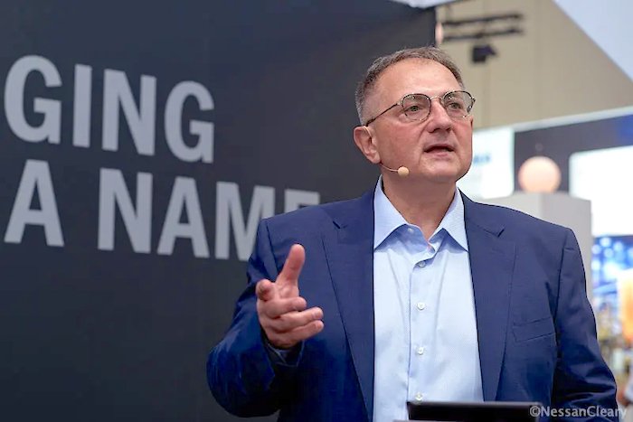 Derek Dlugosh-Ostap, CEO of Pack-Smart, speaking at Interpack Photo Nessan Cleary