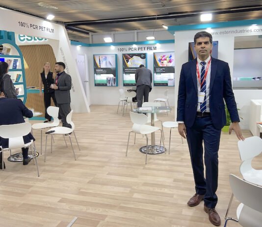 CEO Vaibhav Jha of Ester Industries at the company's stand at Interpack 2026 Photo PSA