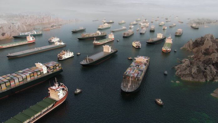 Cargo vessels congestion blocking maritime traffic in the Strait of Hormuz, tankers and container cargo ships clustered in aerial 3D illustration render. resilience