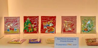 Screen showed these samples, printed by Chiyoda Gravure on its Truepress Pac 830F press, at Interpack 2026 Photo Nessan Cleary