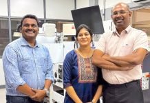 Pioneer Arunachalam’s new Rhyguan, Luster and DYM machines (L to R) Suresh Murugesan, regional director - South India & Sri Lanka, FIG, Sheela Gowri Arun and Arun Tenzing alongside Rhyguan SMART-450 with Luster LabelMaster