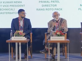 (L-R) Jainam K Shah, managing partner, Flexure Print N Pack; Primal Patel, director, Rang Roto Pack; Naresh Khanna, founder, Ipp Group; Kirti Panchal, director, Echaar Equipments at the FoodTekPack Conference 2026.