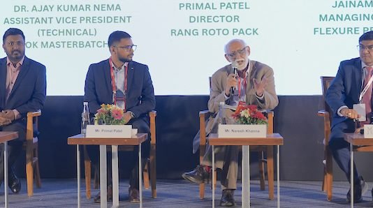 (L-R) Jainam K Shah, managing partner, Flexure Print N Pack; Primal Patel, director, Rang Roto Pack; Naresh Khanna, founder, Ipp Group; Kirti Panchal, director, Echaar Equipments at the FoodTekPack Conference 2026.