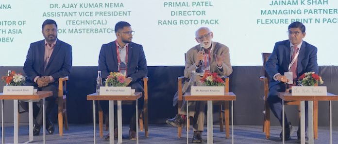 MHD06888FTP–Packaging–Web700 (L-R) Jainam K Shah, managing partner, Flexure Print N Pack; Primal Patel, director, Rang Roto Pack; Naresh Khanna, founder, Ipp Group; Kirti Panchal, director, Echaar Equipments at the FoodTekPack Conference 2026.
