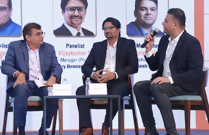 Panelists Tejas Tanna of Printmann, Ravi Kumar Shinde of Avery Dennison and moderator Bhrigav Jain of Monarch Graphics Photo PSA