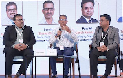 Discussing the anti–counterfeiting of high–value drugs and biologics at the PSA Conference in Mumbai, Dr Amarnath Sugumaran of Cipla, Sharad Chandok of Glenmark Pharmaceuticals, and Bhupesh Kumar Mittal of Bayer Consumer Health Photo PSA